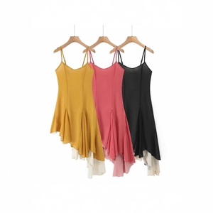Women's Summer Sexy Slim Fit V Neck Spaghetti Strap Mini Dress Irregular Ruffled Hem Faux Two-Piece Vacation Sundress