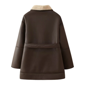 Back view of dark brown faux leather coat featuring a cream sherpa collar and waist belt
