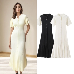 Women's Summer Ribbed Knit Short Sleeve Midi Dress Button Up Hollow Out Hem Slim Fit Solid Polo Collar Streetwear