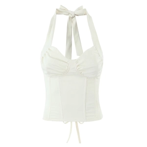 Women Sexy Halter Neck Corset Top Lace Up Backless Sleeveless Slim Fit Crop Top Party Clubwear Solid Color Polyester