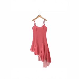 Pink sleeveless slim-fit asymmetric hem midi dress for women summer vacation