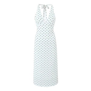 Franse Vintage Polka Dot Halternek V-Hals Open Rug Midi Jurk Sexy Mouwloze Zomer Vakantie Jurk Voor Dames