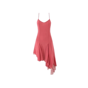 Sleeveless coral pink asymmetric midi dress with spaghetti straps and ruffled hem