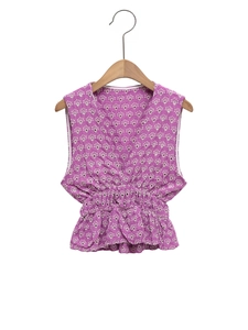 Damen V-Ausschnitt Ärmelloses Besticktes Oberteil Lila Gänseblümchen Lochstickerei Elastische Taille Volant Saum Casual Sommerbluse