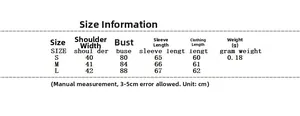 Detailed size chart for the off-shoulder knit sweater showing S, M, and L measurements