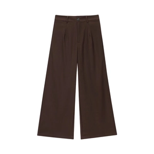 Deep brown wide leg trousers with golden button closure and pleated front design
