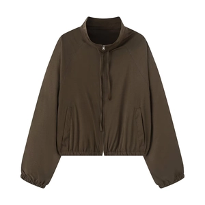Detailed view of women's dark brown short jacket with drawstring collar and full zipper closure