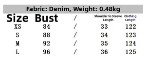 Size chart for women's denim maxi dress showing bust and length in XS, S, M, L sizes