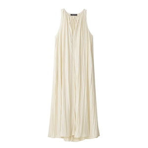 Women Sleeveless Pleated Midi Dress Elegant Tied Round Neck Solid Color Off-White Summer Casual Vacation Loose Sundress