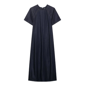 Women's Casual Deep Blue Denim Maxi Dress With Raglan Sleeves Round Neck Contrast Stitching Zipper Back Long Streetwear Dress