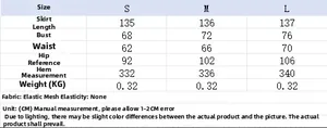 Size chart showing S, M, L measurements for long printed mesh dress with fabric details