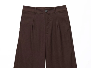 Detail of high-waist dark brown trousers featuring pleats and button closure texture