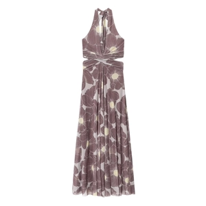 Women Halter Neck Cut Out Maxi Dress Floral Print Mesh Backless A Line Long Dress Summer Vacation Beach Party Wear