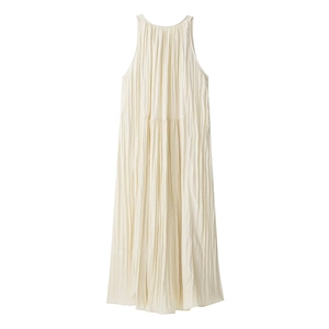 Detail of light yellow pleated fabric on sleeveless dress showing vertical texture