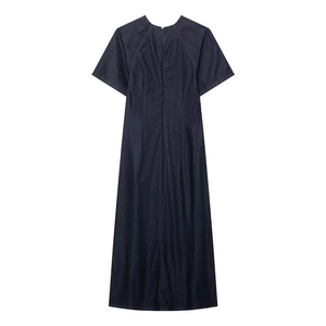 Detail of dark blue denim maxi dress back view showing hidden zipper and contrast stitching