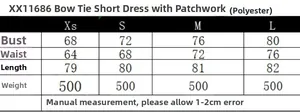 Size chart for bow-tie patchwork mini dress showing chest and waist measurements