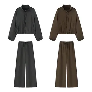 Women Fashion Casual Polyester Long Sleeve Stand Collar Jacket Top Or Wide Leg Pants For Autumn Outdoor Sports Solid Color
