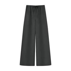 Women's casual black wide-leg cotton pants with elastic drawstring waist on white background