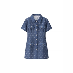 Women Denim Bowknot Print Mini Dress Short Sleeve Lapel Button Down With Rhinestone Buttons Dark Blue Casual Style