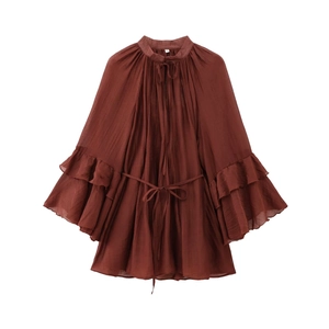 Women's ruffle rust red long sleeve blouse with tie-neck and pleated front details