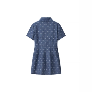Short sleeve denim dress in medium blue with white bow print and lapel collar details