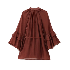 Rust brown pleated high neck chiffon dress with tiered ruffle sleeves and waist tie