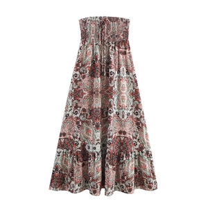 Robe Maxi Bohème pour Femme Imprimé Paisley Bandeau Vintage Smockée Sans Bretelles Ourlet à Volants Vacances à la Plage Robe Longue