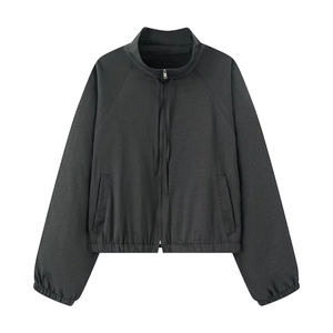 Women's chic black stand collar track jacket with adjustable drawstring and raglan sleeves