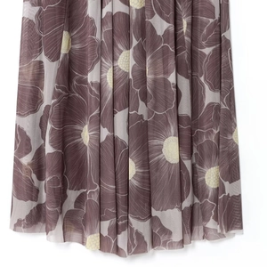Women's summer long mesh dress with elegant purple floral print and sheer texture