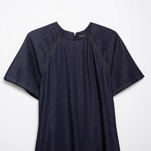 Deep blue denim dress featuring raglan sleeves and contrast stitching detail