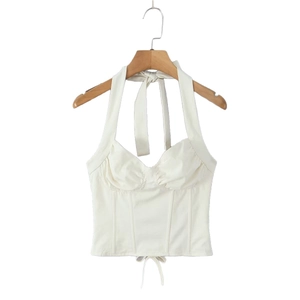 Slim fit cream halter corset top with sweetheart neckline and boning details