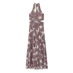 Summer floral print halter maxi dress with waist cut-outs and flowing A-line skirt