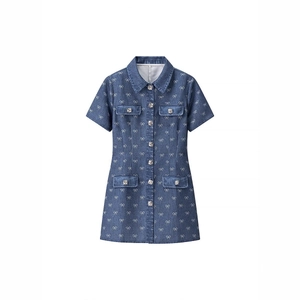 Short sleeve denim dress in blue wash with white bow print and crystal buttons