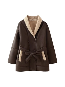 Women Faux Leather Shearling Coat Long Sleeve Contrast Color Lapel Belted Waist Warm Winter Mid Length Jacket Outerwear