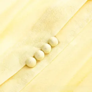 Détail d'une robe jaune avec une texture tissée délicate et des boutons recouverts