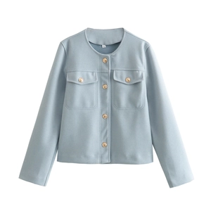 Light blue tweed jacket with round neck and golden embossed buttons on white background