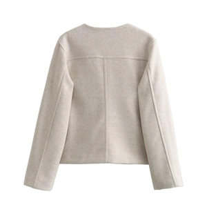 Back view of minimalist cream cropped tweed jacket with long sleeves and round neck