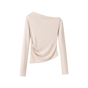Women's asymmetrical off-shoulder long sleeve knit top with stylish side ruched details