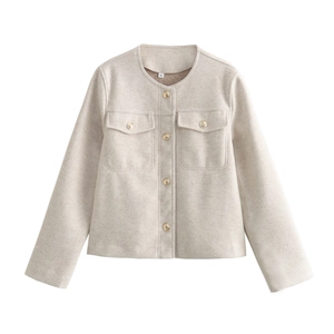 Women's chic beige tweed jacket with round neck and vintage gold buttons on white background