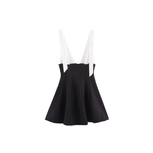 Women Sexy Black White Patchwork Mini Dress Deep V Neck Cami Dress With Shoulder Bow Tie Straps Chic High Waist A-Line Dress