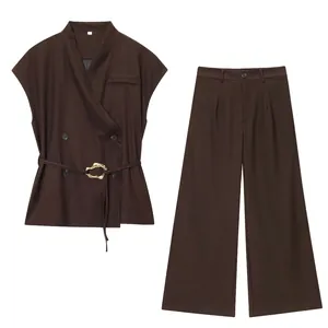 Women Minimalist Double Breasted Sleeveless Top And High Waist Wide Leg Pants For Office Streetwear Casual Suit Solid Coffee