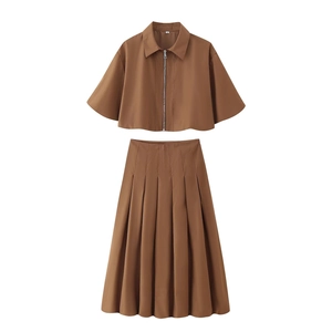 Veste à Fermeture Éclair à Manches Courtes d'Été pour Femmes Et Jupe Midi Plissée Élégante Top Et Bottom