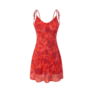 French Vintage Red Floral Chiffon Cami Mini Dress Sexy V-Neck Sleeveless Holiday Backless Tie Strap Dress For Women