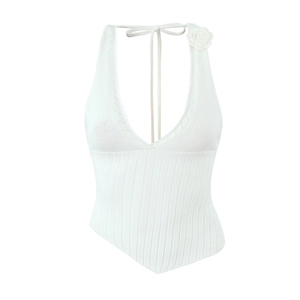 Women Sexy Halter Knit Top Deep V Neck 3D Flower Decor Ribbed Slim Fit Irregular Hem Sleeveless Backless Summer Camisole