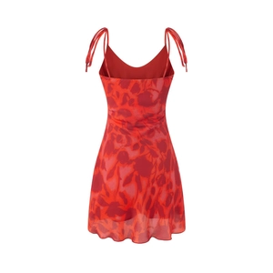 Detail of red abstract floral print chiffon dress with tie-up straps and A-line hem