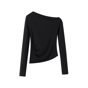 Women's chic black long sleeve knit top featuring asymmetrical off-shoulder and side ruching