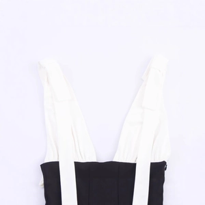 Summer sexy V-neck bow patchwork dress in black and white contrasting color design