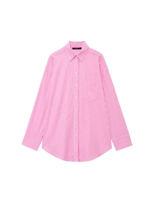 Women's Casual Pink and White Striped Long Sleeve Shirt With Turn-down Collar Loose Cotton Blend Office Blouse Top