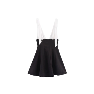 French vintage black and white contrast mini dress with deep V-neck and bow details