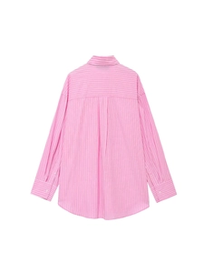 Back view of classic pink and white striped button-down shirt with curved hem